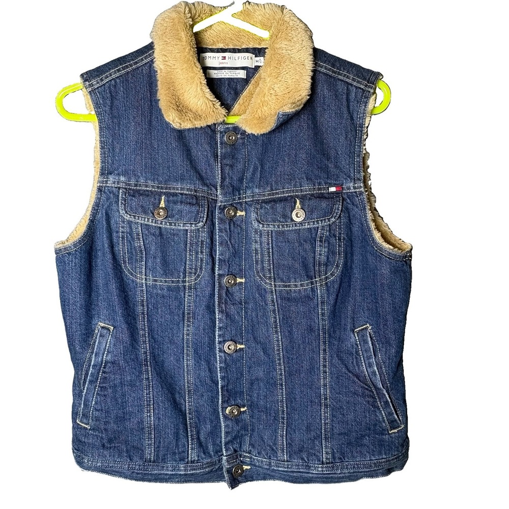 Men's Tommy Hilfiger Sherpa Denim Blue Jean Vest Sz M Western Y2K